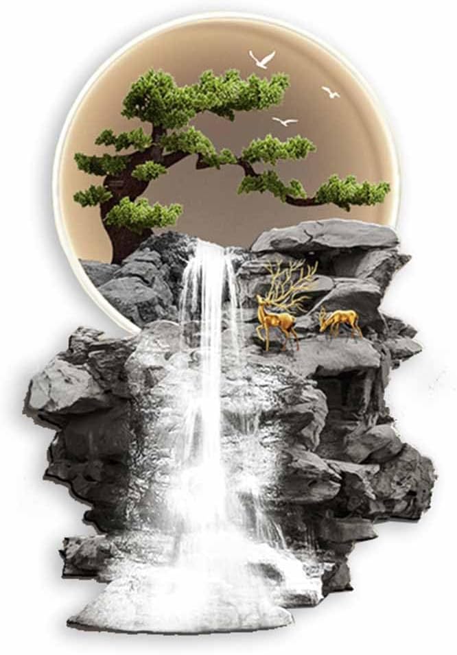 3D Oriental Waterfall Wall Art with LED Light,Oriental Welcoming Pine Landscape for Living Room Office Decor,Modern Art Wall Decor Sculptures, Plug-in Power Supply, Remote Control（50 * 75cm）