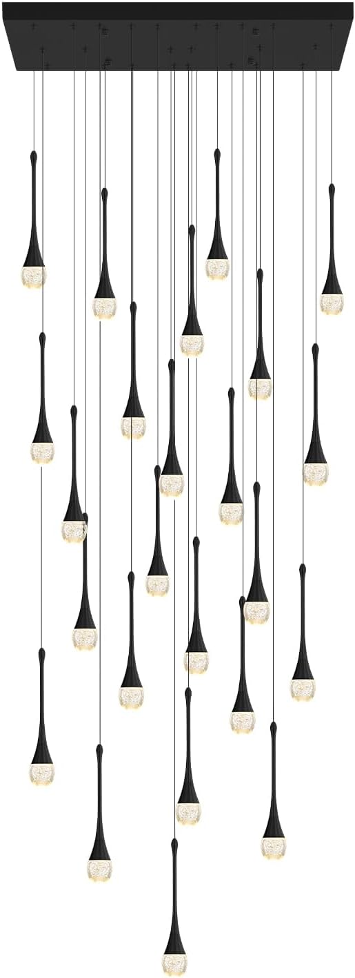 24-Lights Rectangular Chandelier Crystal Raindrop Chandeliers Flush Mount Ceiling Light for Dining Room Living Room High Ceiling Chandelier for Staircase Foyer Entryway Black Chandeliers