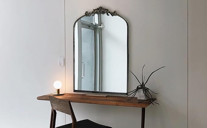 Black Ornate Mirror for Wall, Traditional Vintage Ornate Baroque Mirrors,Victorian Antique Bronze Full Matel Frame,Arched Mirror for Entryway/Bathroom/Fireplace 24"X36"