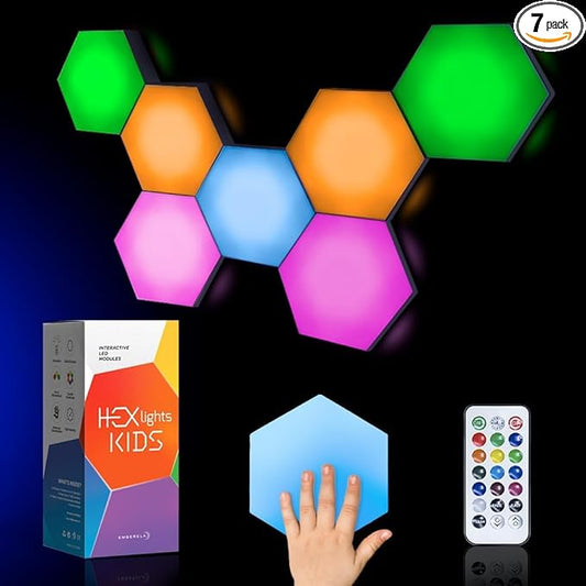 Emberela HEXlights Sensory Lights for Kids - 7pk Touch Hexagon Lights, Remote Controlled - Autism-Friendly Tap Tap Wall LED Panels for Sensory Room - Table Stand Included