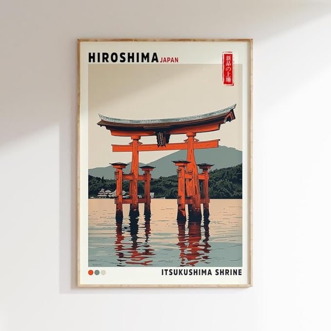 Nationcog Itsukushima Shrine Poster, Vintage Hiroshima Japan Wall Art Print, Floating Torii Gate Landscape, Japandi Asian Temple Decor for Bedroom, Living Room or Office (Unframed) (12x18)
