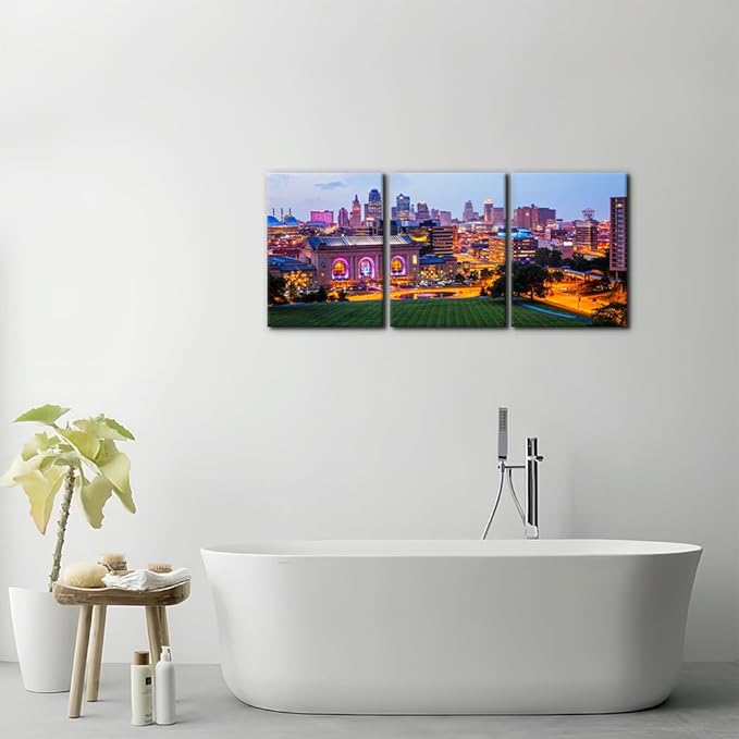 Pacimo Canvas Wall Art Union Station City Landscape Pictures Paintings Kansas Cityscape Modern Artwork Prints on Canvas Wall Decor for Living Room Bedroom Framed Ready to Hang - 12"x16"x3 Panels