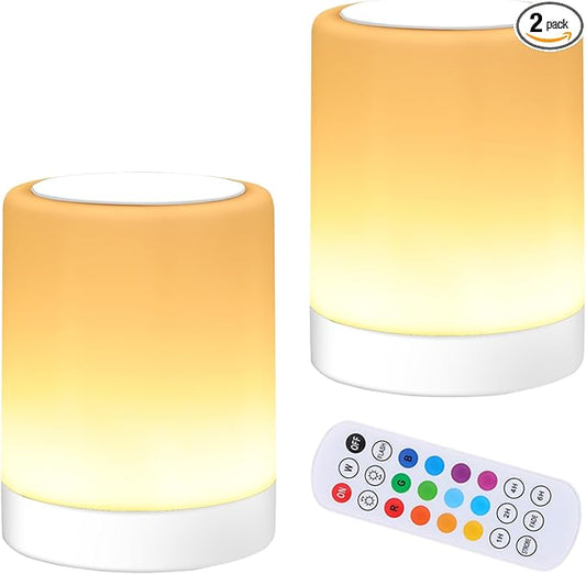 OORUN Touch Bedside Table Lamp,13 RGB Colors & 5 Brightness, USB Rechargeable Desk Lamp, Remote Control Dimmable Night Light with RGB Color Changing,Portable Lamp for Baby (2 Pack White)
