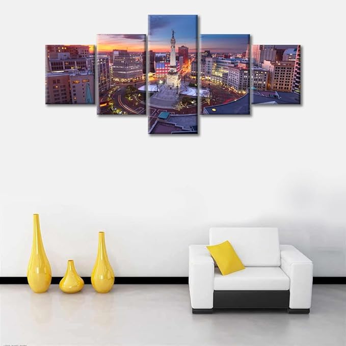 5 Panel Home Decor Skyline at the American Monument in Indianapolis Wall Art Indianapoli Dusk Urban Landscape Pictures Wall Decorations for Living Room Print on Canvas Ready to Hang (50"Wx24"H)