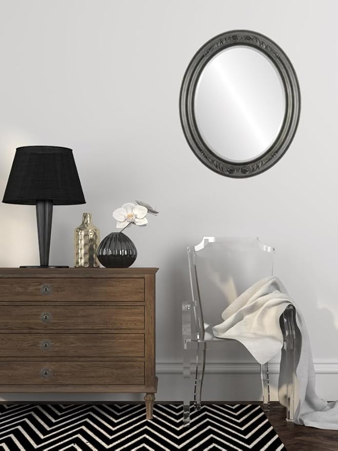 OVALCREST Oval Beveled Wall Mirror for Home Decor - Florence Style - Black Silver - 20" x 16"