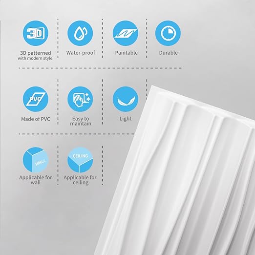 Art3d 46.2 Sq. Ft. White Large PVC 3D Wall Panels for Interior Wall Décor, Textured Wavy Decorative Panels, Pack of 6 Tiles (47.2" × 23.6")