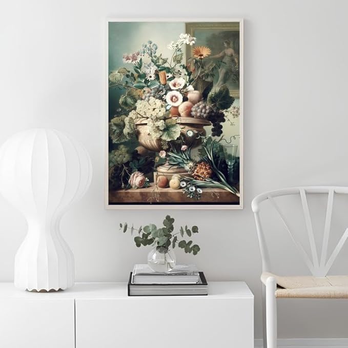 Nationcog Vintage Floral Still Life Wall Art Print - Classical Fruit and Flower Painting in Vase - Elegant Botanical Artwork for Kitchen, Dining Room, Hallway or Gallery Decor (Unframed) (11x14)
