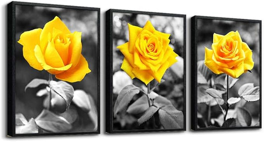 Black Framed Wall Art For Bedroom Living Room Wall Decor For Kitchen Office Decor Black And White Artwork Pictures Yellow Rose Flowers Wall Painting Modern Room Home Decor 3 Piece Framed Art Prints