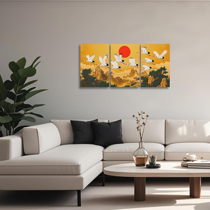 YMXZHUANSH Flying Crane & Mountain Water Painting 3 Peice Chinese Landscape Picture Oriental Wall Art with Red Sun Asian Decor for Living Room Study Tea House 20x28inchx3 (50x70cmx3)