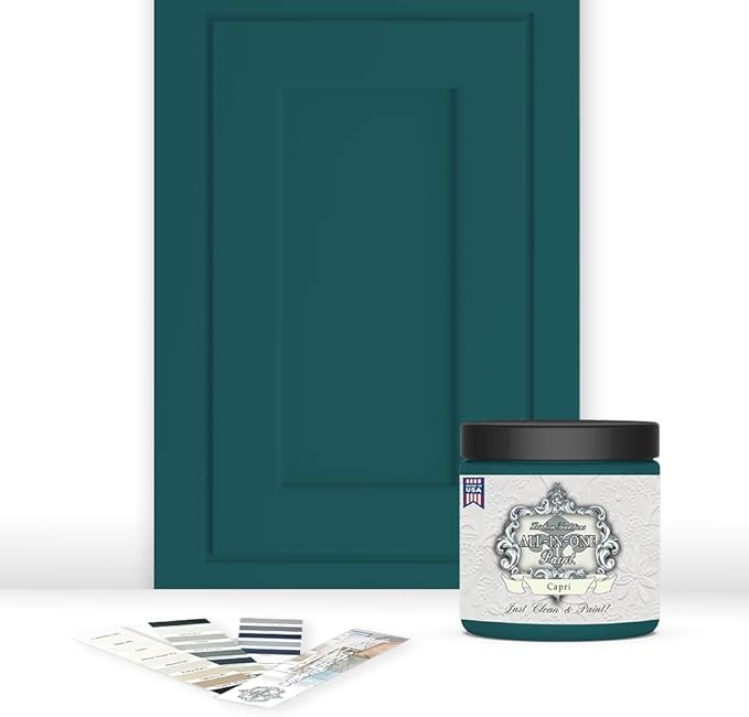 ALL-IN-ONE Paint, Durable cabinet and furniture paint. Built in primer and top coat, no sanding needed. Includes our 30 featured color card - Capri (green teal), 8oz Sample