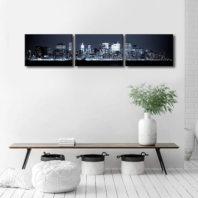 New York Skyline Canvas Wall Art Manhattan Wall Art for Living Room Cityscape at Night Pictures for Bedroom Modern Home Decor Office Bathroom Decorations Artwork Framed Ready to Hang 12x48 Inch