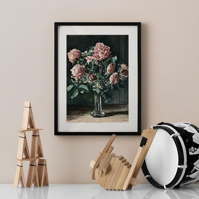 Nationcog Pink Rose Wall Art Print - Vintage Flower Bouquet Painting in Glass Vase - Antique Floral Still Life Artwork for Living Room, Bedroom, Office, Hallway, Home Decor (Unframed) (9x11)