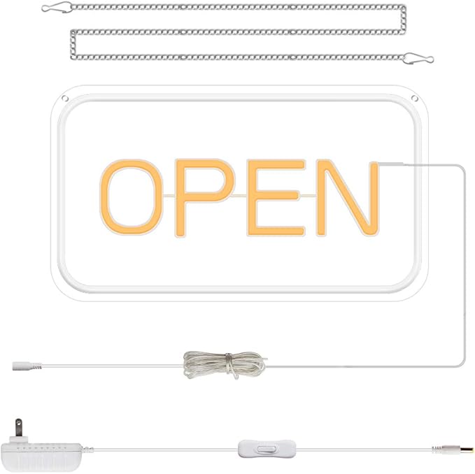 16"x 9" Ultra Bright 12V Neon Open Sign for Business, LED Open Neon Sign, Electric Light up Signs for Stores, Restaurants Offices Retail Shops Window (Yellow-White-Horizontal)