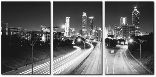 Pacimo Atlanta Night View Canvas Wall Art, Set of 3 Framed Painting Prints, Jackson Street City Skyline Pictures Modern Wall Decor for Living Room Bedroom Office Ready to Hang - 16"x24"x3 Panels