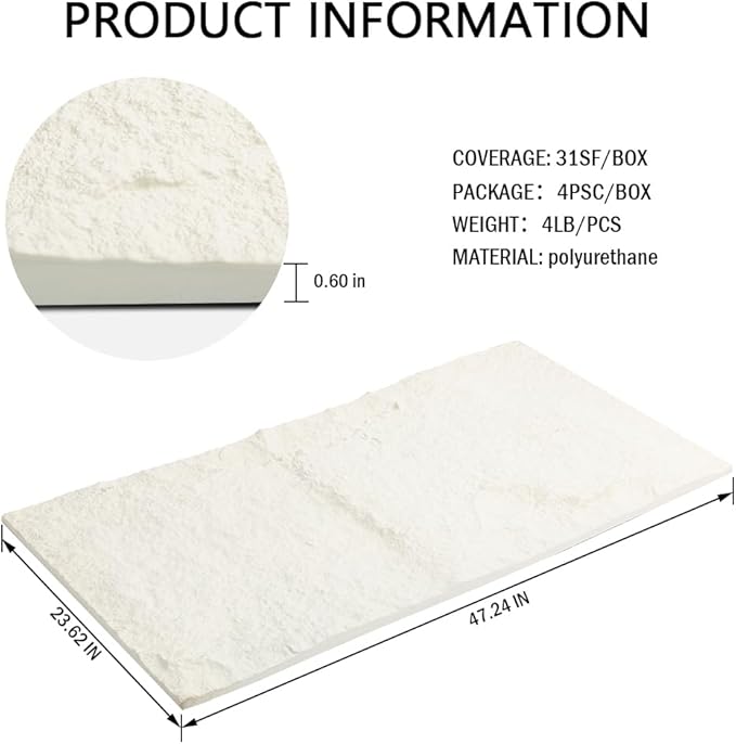 4-Pack 3D PU Stone Wall Panels for Interior Decor Faux Stone Accent Tiles, White, 47.24"x23.62"x(0.6"-1.18") Waterproof & Lightweight 3D Wall Design