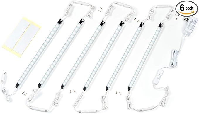Led Light Strips Kit, (6) 12’’ Linkable Light Bars + Rocker Switch + UL Power Adapter, Under Cabinet Lighting for Locker Closet Shelf, Showcase Lighting, 6000K Cool White