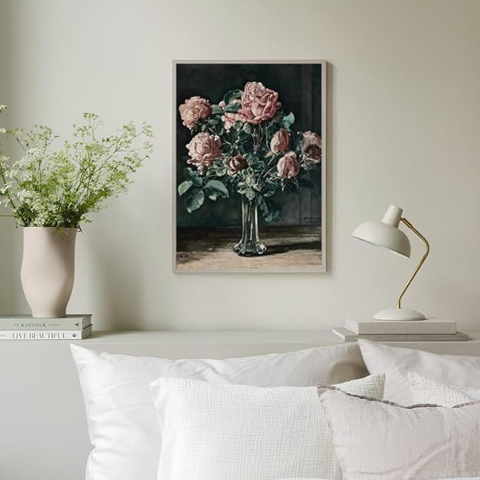 Nationcog Pink Rose Wall Art Print - Vintage Flower Bouquet Painting in Glass Vase - Antique Floral Still Life Artwork for Living Room, Bedroom, Office, Hallway, Home Decor (Unframed) (24x36)