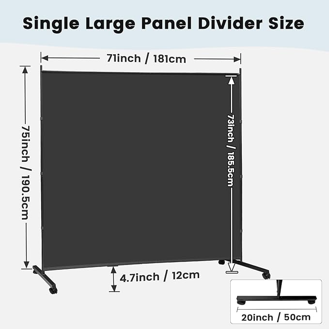 MAYOLIAH Large Single Panel Room Divider on Wheels, 71”W x 75”H Rolling Privacy Screen, Portable Wall Divider for Home Office Partition, Black