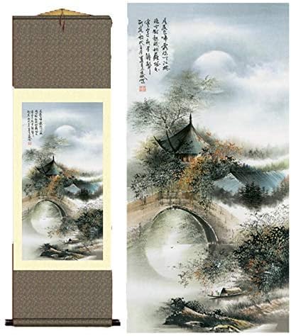 AtfArt Asian Wall Decor - Beautiful Silk Scroll Painting of Waterfall River Landscape - Oriental Decor Chinese Art Wall Scroll (36.2 x 12 in)