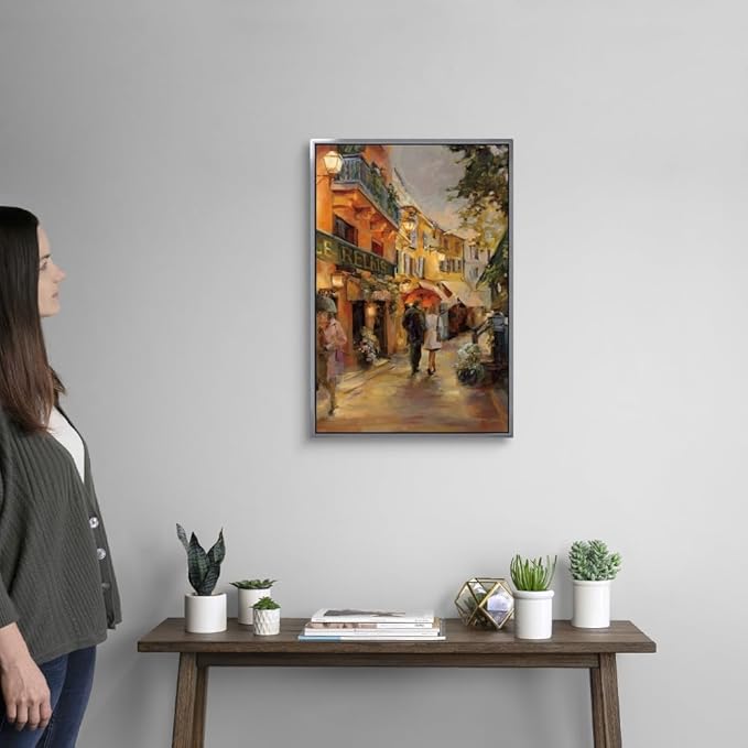 CANVAS ON DEMAND Evening in Paris Silver Float Framed Canvas Wall Art Print by Marilyn Hageman, Traditional, Home Decor, Street Scene Artwork, Nature Artwork, 16" x24in