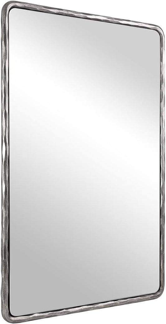 ANDY STAR Hand-Forged Silver Bathroom Mirrors for Wall, 30x40 Inch Vintage Solid Steel Metal Frame Bathroom Vanity Mirror, Antique Rounded Rectangle Wall Mirror, Hangs Horizontally or Vertically