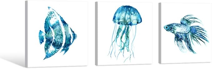 JAPO ART Ocean Theme Wall Art Sea Animal Blue Jellyfish Tropical Fish Canvas Prints Wall Art Home Decoration Framed Ready to Hang 16x16Inchx3Panels