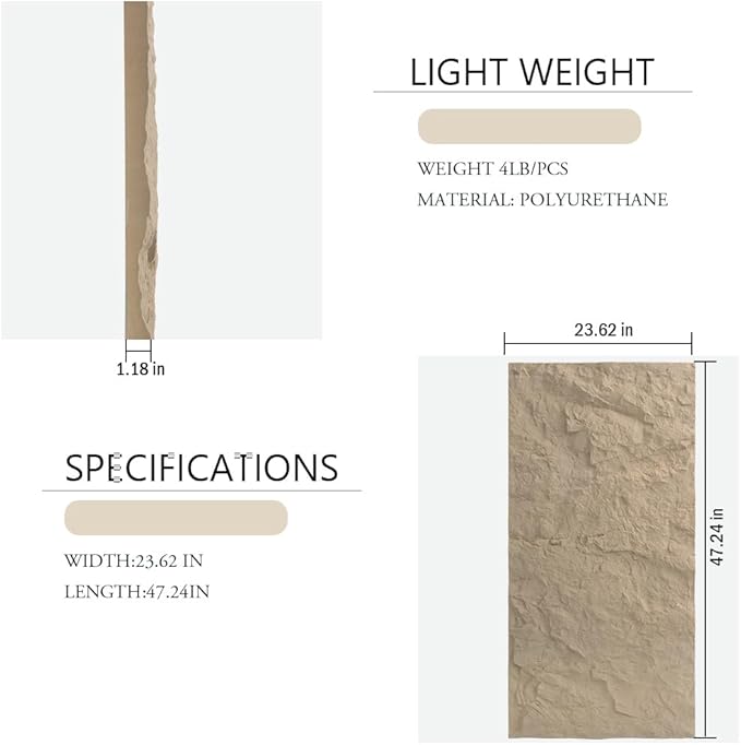 4-Pack 3D PU Stone Wall Panels for Interior Decor | Faux Stone Accent Tiles, Stone Yellow, 47.24"x23.62"x1.18" | Waterproof & Lightweight 3D Wall Design