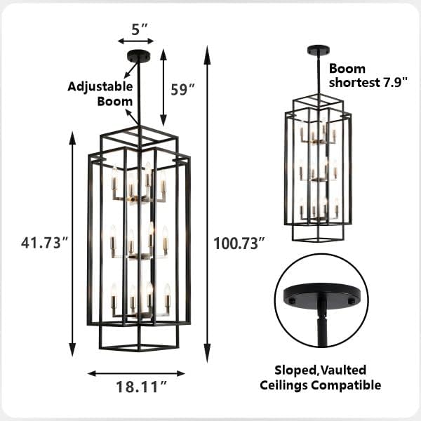 12-Light High Ceiling Chandeliers for Entryway, Farmhouse Large Pendant Light, Foyer Lighting Fixtures for Staircase Entry Dinning Room Kitchen Island, Black and Brushed Nickel