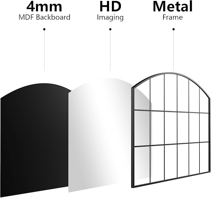 Arch Windowpane Wall Mirror,42x28 Wide Arched Mantel Farmhouse Black Window Pane Mirror for Bathroom,Entryway,Hallway,Living Room,Fireplace