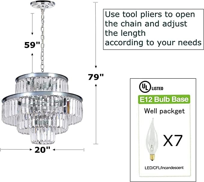 Modern Crystal Chandelier 20" Chrome Round Pendant Light, 4-Tier Luxury Ceiling Light Fixture with Clear Prisms for Dining Room Living Room Foyer