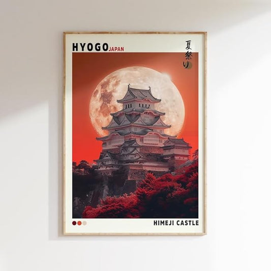 Nationcog Himeji Castle Poster, Japanese Wall Art Print Featuring Hyogo Temple and Full Moon, Japandi Style Asian Landscape Artwork for Living Room, Bedroom or Office (Unframed) (24x36)