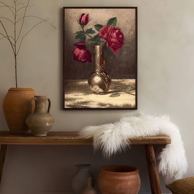 Nationcog Vintage Rose Wall Art Print - Red Roses in Vase Floral Artwork - Classic Still Life Flower Painting for Living Room, Bedroom, Cafe, Home Wall Decoration (Unframed) (24x36)
