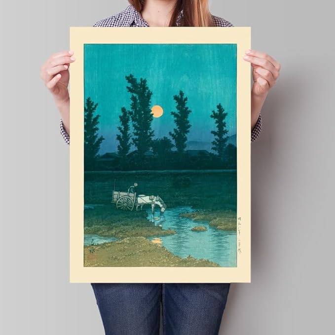 Night Sky and Full Moon Japanese Poster, Woodblock Art by Kawase Hasui, Japandi Wall Decor, Vintage Zen Boho Print for Relaxed Spaces (Unframed) (24x36)