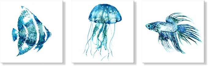 JAPO ART Ocean Theme Wall Art Sea Animal Blue Jellyfish Tropical Fish Canvas Prints Wall Art Home Decoration Framed Ready to Hang 16x16Inchx3Panels