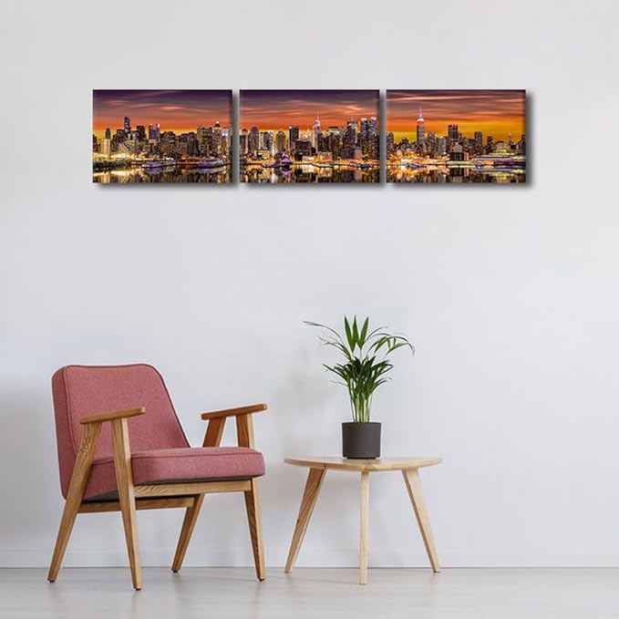 Canvas Wall Art for Living Room New York City Panorama Modern Home Decor Cityscape Sunrise View HD Printed Posters for Bedroom Office Wall Art Painting Bathroom Pictures Ready to Hang 14x60 Inch
