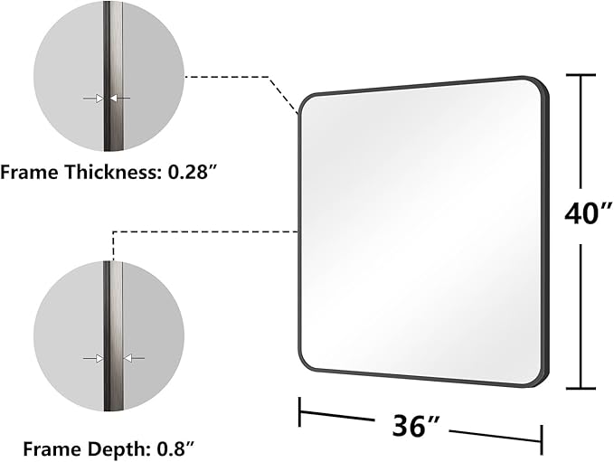 Koonmi Bathroom Mirror, 36X40 Inch Black Metal Framed Mirror for Bathroom, Tempered Glass, Anti-Rust, Rounded Rectangle Mirror for Restroom, Bedroom, Black