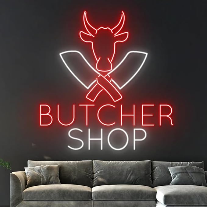 Butcher Shop Led Sign, Cow Led Light, Butcher Neon Light, Butcher Shop Neon Sign, Store Sign Wall Art, Kitchen Business Decor Size:18inches