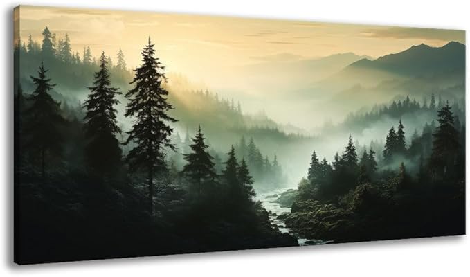 BYXART Misty Forest Canvas Wall Art Foggy Mountain Landscape Nature Picture Decor for Bathroom Living Room Pine Trees Smoky Scenery Painting Artwork for Bedroom Home Office Decorations 40L x20W