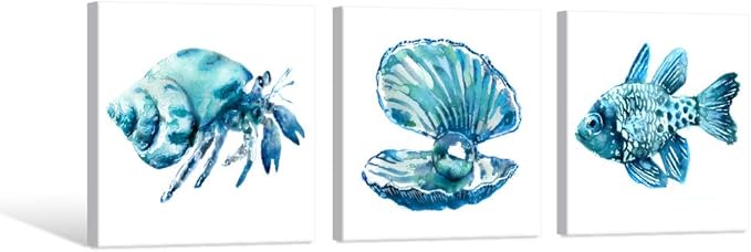 JAPO ART -Ocean Art Prints Tropical Wall Art Wall Blue Fish Blue Shells Hermit Crabs for Bathroom Kitchen Decoration 12x12Inchx3 pcs