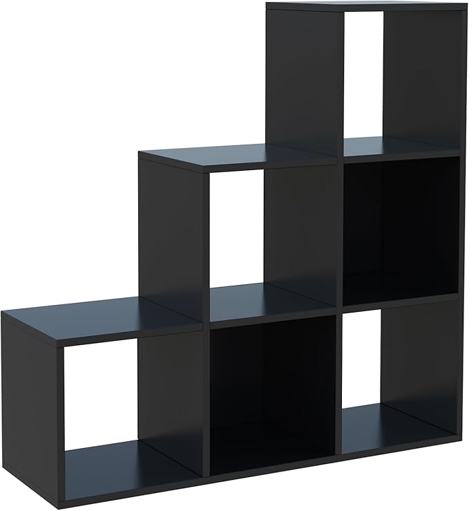 Ladder Cube Storage Bookcase - Wooden L-Shaped 3-Tier Corner Shelf, Reversible 6-Cube Organizer for Home & Office, Black