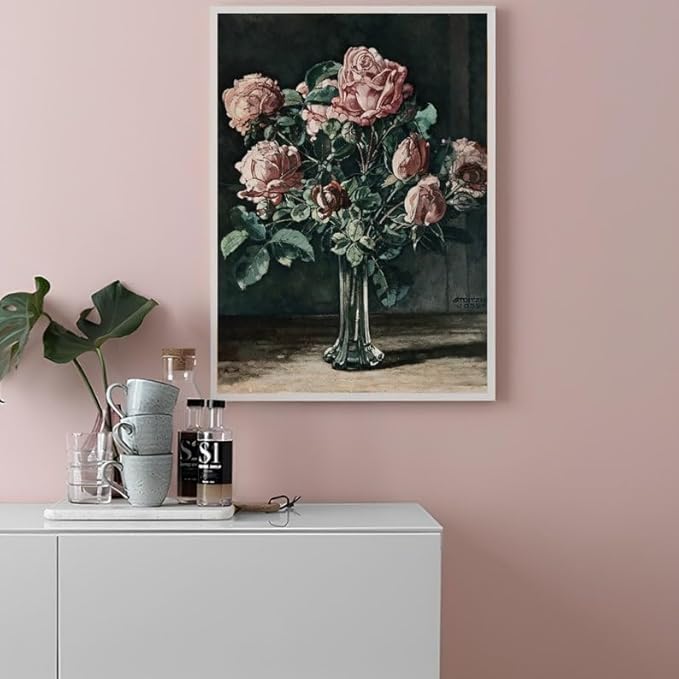 Nationcog Pink Rose Wall Art Print - Vintage Flower Bouquet Painting in Glass Vase - Antique Floral Still Life Artwork for Living Room, Bedroom, Office, Hallway, Home Decor (Unframed) (12x18)