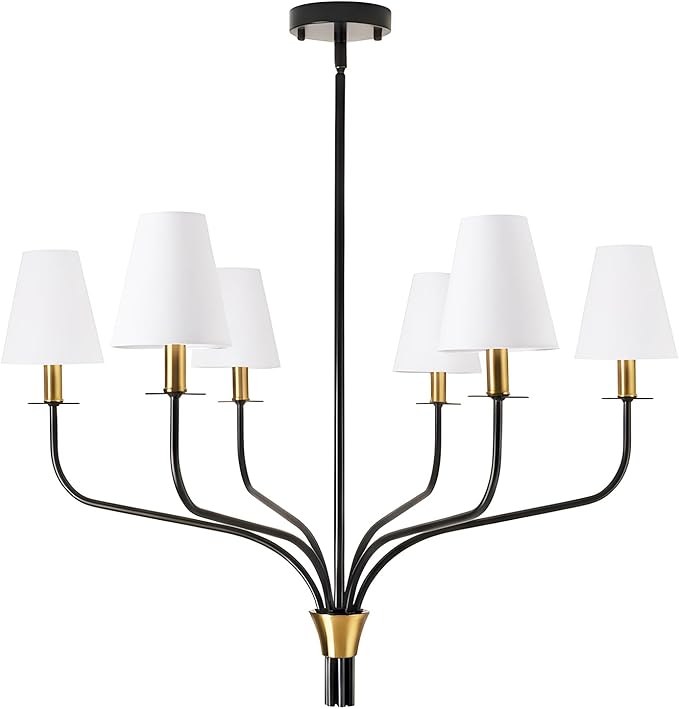 30" Modern Black and Gold Chandelier for Dining Room, 6-Light Mid Century Pendant Light with White Fabric Shade, Contemporary Ceiling Lighting for Living Room Bedroom Kitchen Island, E12