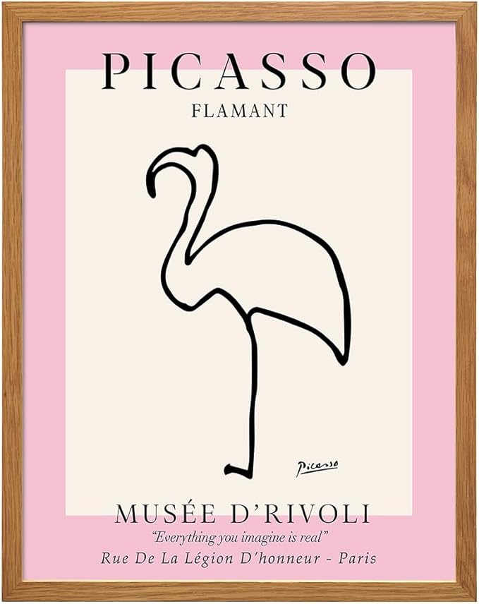 Mid-Century Modern Art 11x14 FRAMED - Minimalist Line Art Wall Decor for Modern Home - Abstract Gallery Wall Print, Tropical Beach House Museum Poster, Contemporary Aesthetic Room Decor, Pink Flamingo