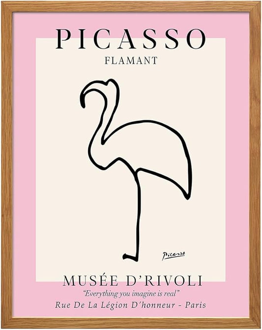 Mid-Century Modern Art 11x14 FRAMED - Minimalist Line Art Wall Decor for Modern Home - Abstract Gallery Wall Print, Tropical Beach House Museum Poster, Contemporary Aesthetic Room Decor, Pink Flamingo