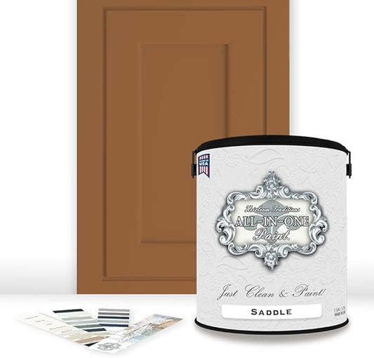 ALL-IN-ONE Paint, Durable cabinet and furniture paint. Built in primer and top coat, no sanding needed. Includes our 30 featured color card - Saddle (caramel brown), Gallon