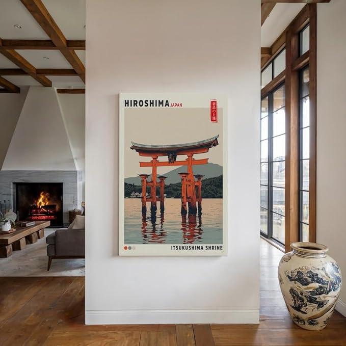 Nationcog Itsukushima Shrine Poster, Vintage Hiroshima Japan Wall Art Print, Floating Torii Gate Landscape, Japandi Asian Temple Decor for Bedroom, Living Room or Office (Unframed) (20x30)