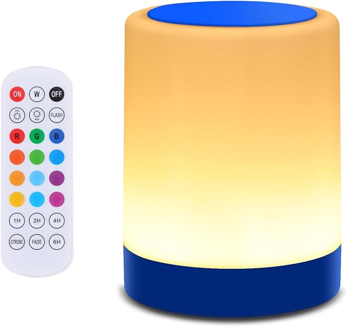 OORUN Touch Bedside Table Lamp,13 RGB Colors & 5 Brightness, USB Rechargeable Desk Lamp, Remote Control Dimmable Night Light with RGB Color Changing,Portable Lamp for Baby, Bedroom, Living Room (Blue)