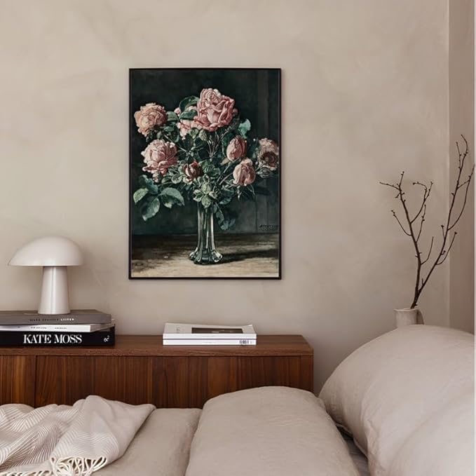 Nationcog Pink Rose Wall Art Print - Vintage Flower Bouquet Painting in Glass Vase - Antique Floral Still Life Artwork for Living Room, Bedroom, Office, Hallway, Home Decor (Unframed) (27x40)