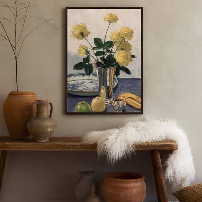 Nationcog Yellow Rose Still Life Wall Art Print - Vintage Floral and Fruit Painting in Vase - Classic Botanical Artwork for Kitchen, Dining Room, Living Room or Gallery Decor (Unframed) (27x40)