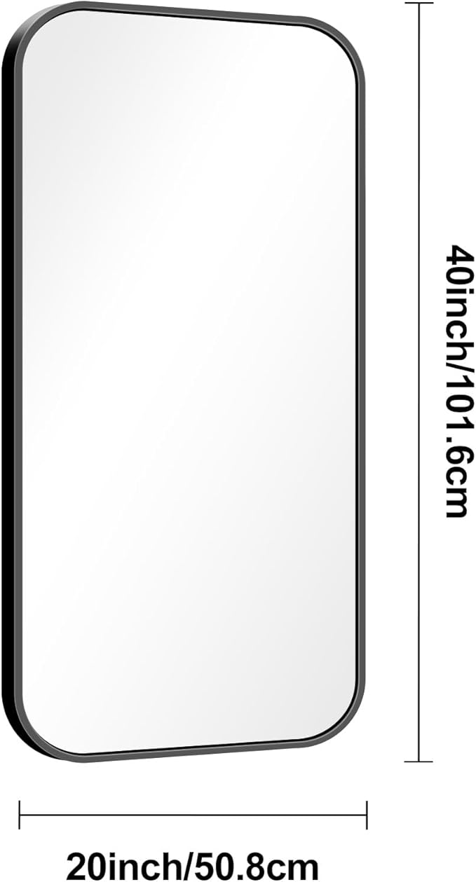 BONEWEI 20x40 inch Bathroom Mirror,Black Rectangle Mirror,Wall Mounted Bathroom Frame Vanity Mirror with Round Corner for Bedroom Living Room,Entryway Hangs Horizontal or Vertical